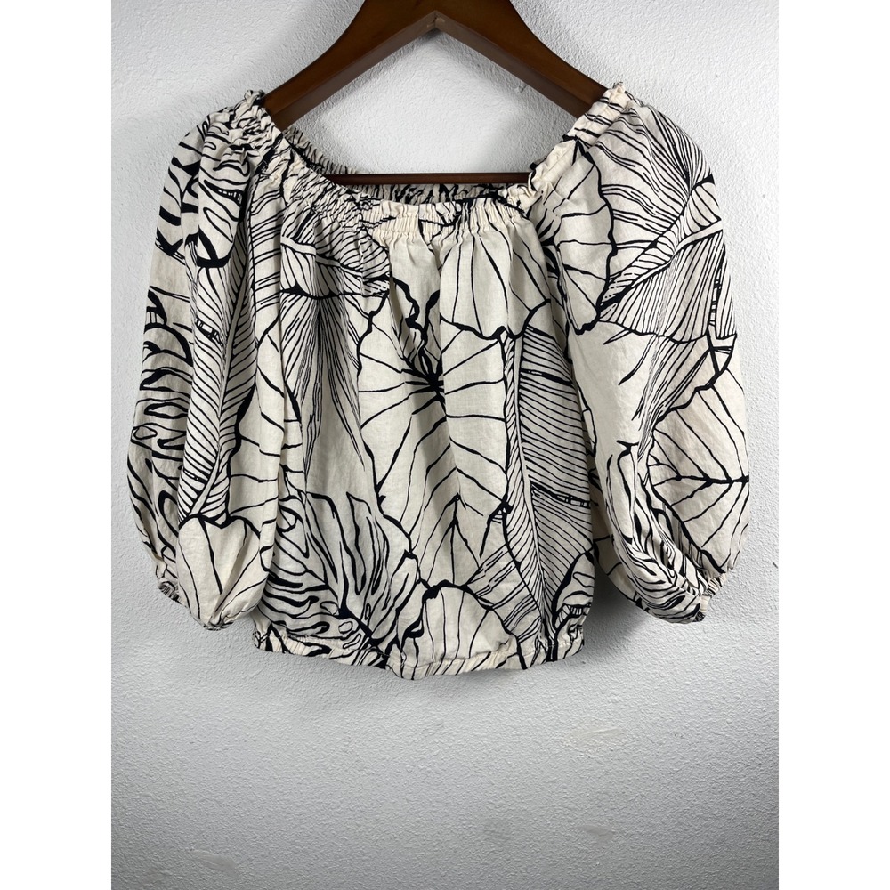 Rachel Zoe Women Blouse White Black XS Tropical Leaf Linen Blend Crop Top